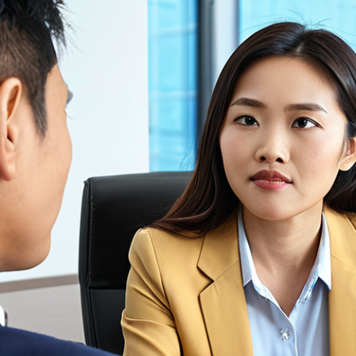** A professional Vietnamese woman, a senior manager, engages in a job interview in a bright, modern corporate office. She looks directly at the candidate with a focused, confident, and warm gaze. The candidate, a younger Vietnamese professional, returns her eye contact with an equally confident and respectful demeanor. Both exhibit excellent posture and sincere facial expressions, emphasizing the power of direct eye contact in building trust and connection in a business setting.

2.  **Prompt for