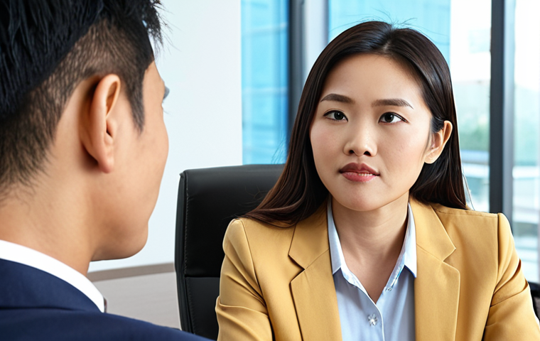 ** A professional Vietnamese woman, a senior manager, engages in a job interview in a bright, modern corporate office. She looks directly at the candidate with a focused, confident, and warm gaze. The candidate, a younger Vietnamese professional, returns her eye contact with an equally confident and respectful demeanor. Both exhibit excellent posture and sincere facial expressions, emphasizing the power of direct eye contact in building trust and connection in a business setting.

2.  **Prompt for