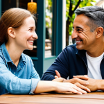 A diverse pair of adult friends, one offering a gentle pat on the shoulder to the other, both maintaining empathetic eye contact. One friend has a subtle, warm smile conveying comfort, while the other's expression shows understanding and gratitude. They are seated at an outdoor cafe table, surrounded by soft daylight. Both are fully clothed in appropriate, modest casual attire. Perfect anatomy, correct proportions, natural pose, well-formed hands, proper finger count, natural body proportions, professional photography, high quality, safe for work, appropriate content, family-friendly.