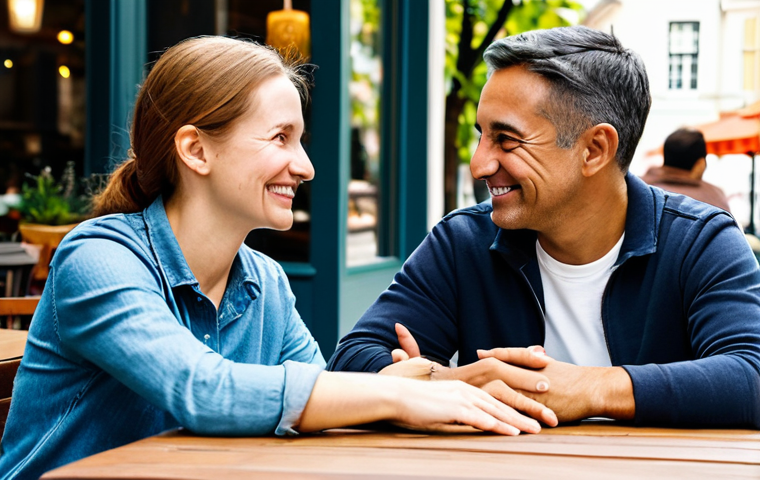 A diverse pair of adult friends, one offering a gentle pat on the shoulder to the other, both maintaining empathetic eye contact. One friend has a subtle, warm smile conveying comfort, while the other's expression shows understanding and gratitude. They are seated at an outdoor cafe table, surrounded by soft daylight. Both are fully clothed in appropriate, modest casual attire. Perfect anatomy, correct proportions, natural pose, well-formed hands, proper finger count, natural body proportions, professional photography, high quality, safe for work, appropriate content, family-friendly.