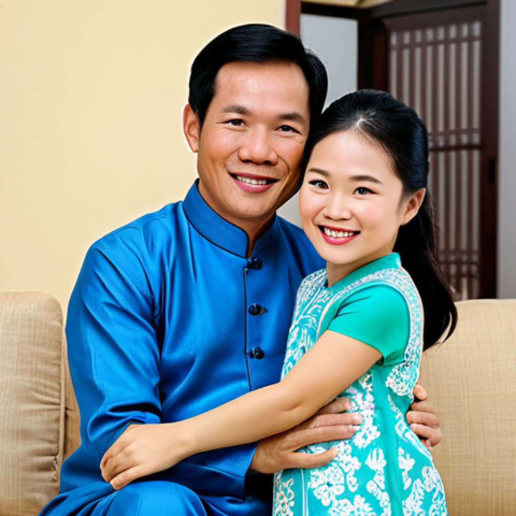 Warm Family Moment**

"A family portrait, safe for work, depicting a Vietnamese family (parents and a young child) gathered in their cozy living room, fully clothed in traditional Ao Dai clothing, modest and respectful attire. The mother is smiling warmly, the father is holding the child, perfect anatomy, natural proportions, family-friendly, appropriate content, soft, natural lighting, professional photography."

**