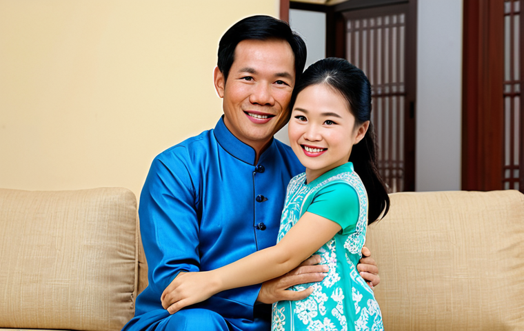 Warm Family Moment**

"A family portrait, safe for work, depicting a Vietnamese family (parents and a young child) gathered in their cozy living room, fully clothed in traditional Ao Dai clothing, modest and respectful attire. The mother is smiling warmly, the father is holding the child, perfect anatomy, natural proportions, family-friendly, appropriate content, soft, natural lighting, professional photography."

**