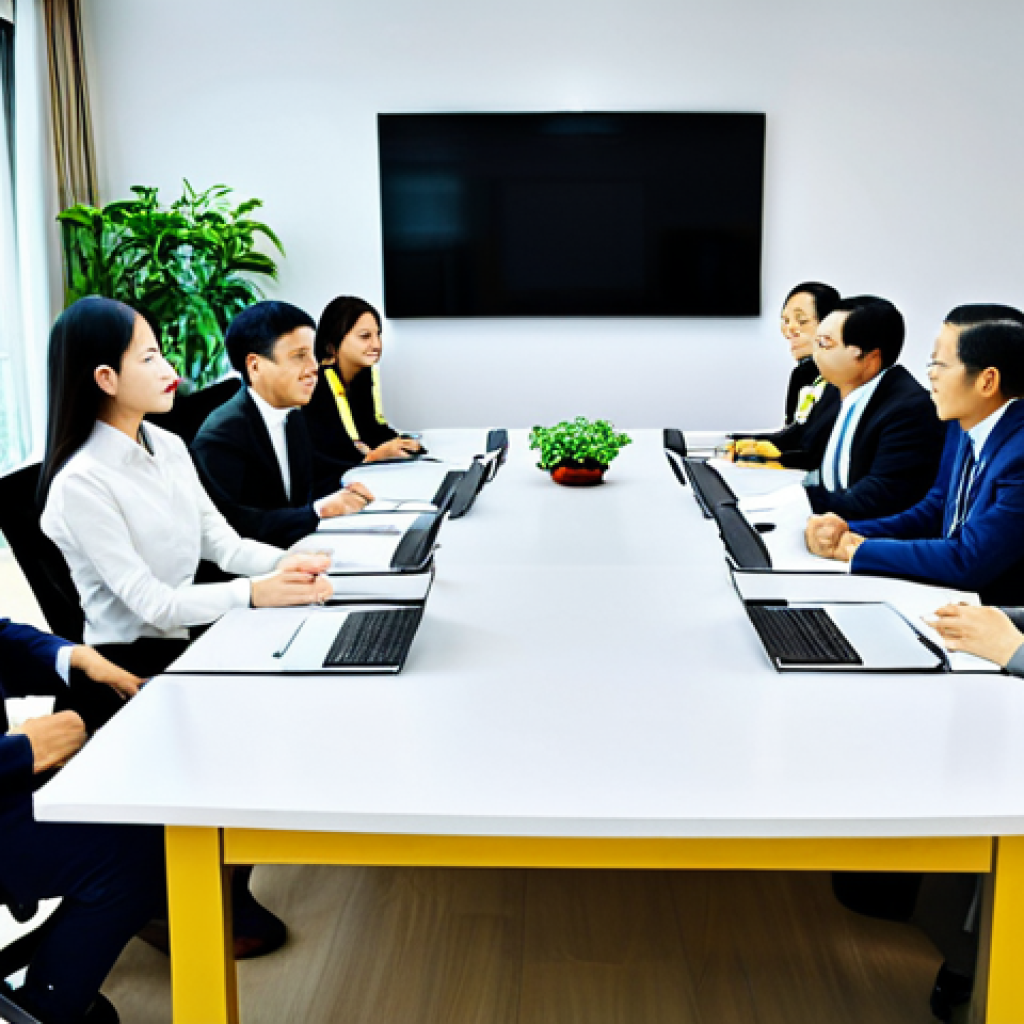비언어적 커뮤니케이션에서의 신뢰 구축 - Business Meeting**

"A diverse group of professionals in a modern Hanoi office, seated around a conf...