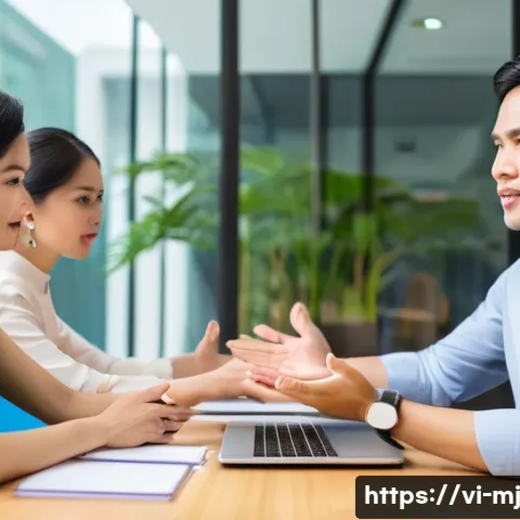 비언어적 커뮤니케이션의 사회적 역할 - A professional Vietnamese office meeting scene showing diverse colleagues engaged in nonverbal commu...