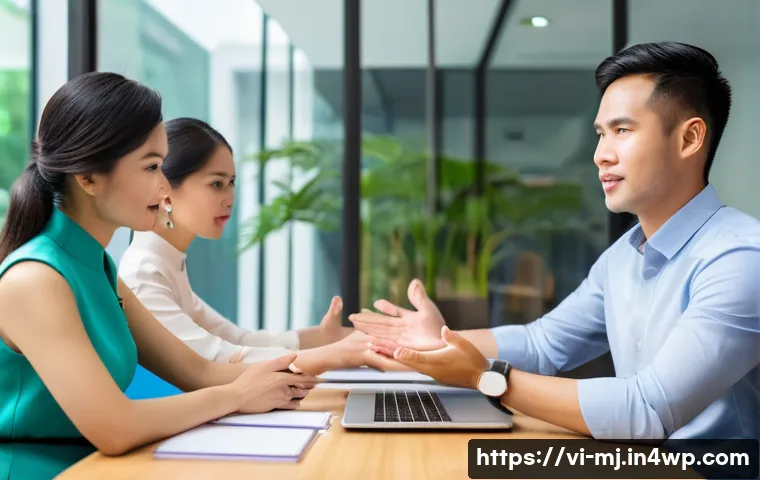 비언어적 커뮤니케이션의 사회적 역할 - A professional Vietnamese office meeting scene showing diverse colleagues engaged in nonverbal commu...