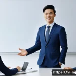 Home 22 비언어적 커뮤니케이션의 실천적 접근 방법 - A professional Vietnamese office setting showing a confident young Vietnamese man giving a presentat...