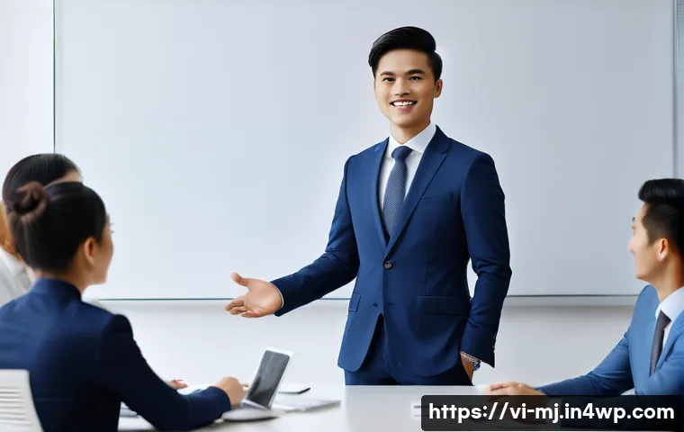 비언어적 커뮤니케이션의 실천적 접근 방법 - A professional Vietnamese office setting showing a confident young Vietnamese man giving a presentat...