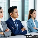 Home 20 비언어적 신호로 상대방의 반응 예측하기 - A professional Vietnamese office meeting scene focusing on diverse colleagues engaged in communicati...