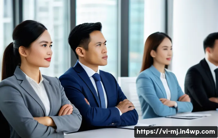 비언어적 신호로 상대방의 반응 예측하기 - A professional Vietnamese office meeting scene focusing on diverse colleagues engaged in communicati...