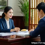Home 19 비언어적 커뮤니케이션의 도구 활용법 - A professional Vietnamese office scene showing a young Vietnamese man and woman engaged in a busines...