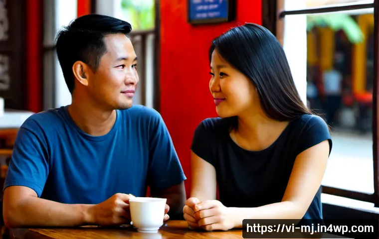 Home 17 비언어적 신호의 다각적 이해 - Photorealistic candid scene in a bright Vietnamese café, two adult friends communicating through war...