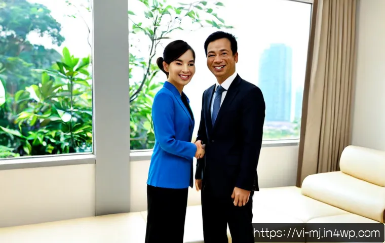 비언어적 커뮤니케이션의 문화적 차이 - Photorealistic business meeting in a bright Hanoi office, a Vietnamese professional greeting an inte...